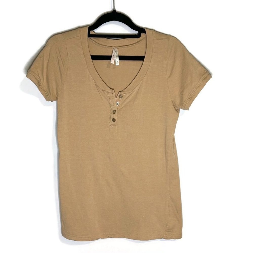 Color Story Womens Tan Henley Short Sleeve Scoop Neck Ribbed Top Large 1559